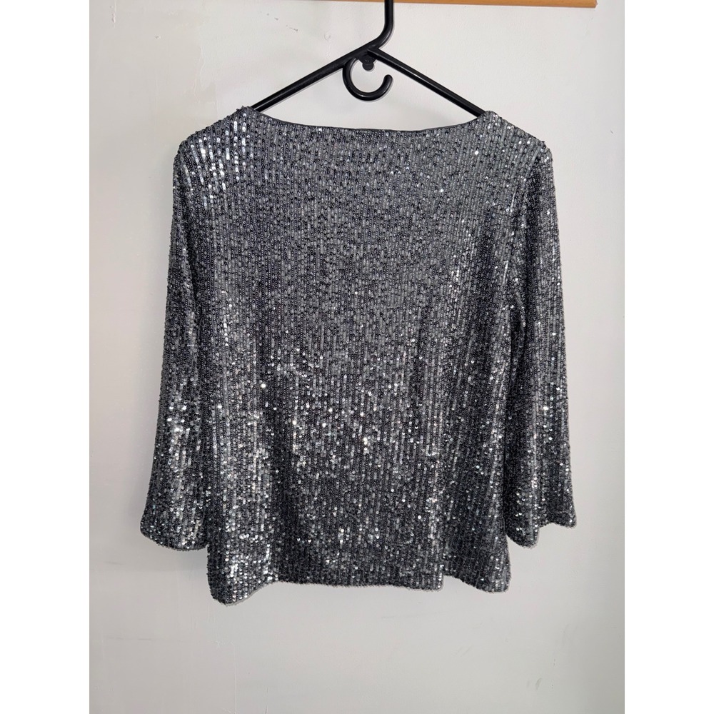 Womens Silver Sequin Boat Neck Top 3/4 Sleeve Shimmer Evening Blouse  size m